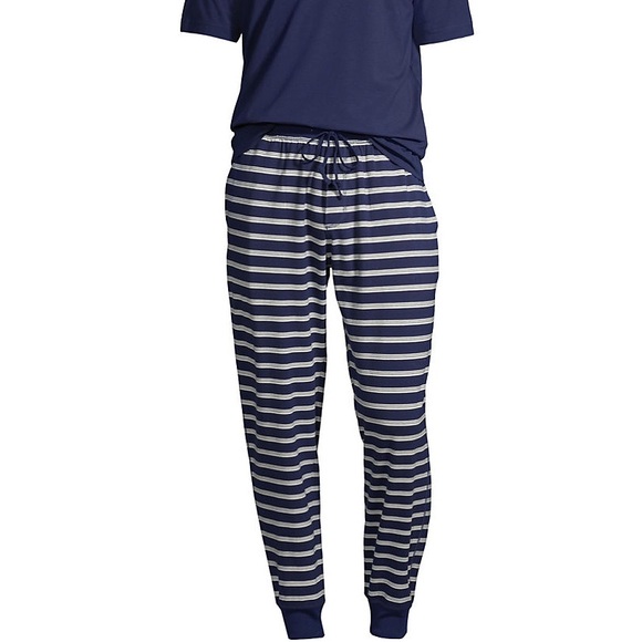 NWOT Lands' End Blue and White Striped Pajama joggers Elastic Waistband tie wais - Picture 1 of 7
